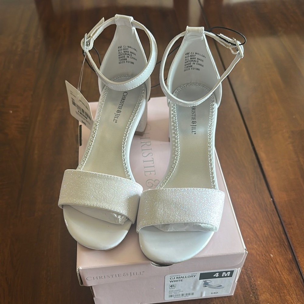 Christie & Jill Elegant White Heels Sparkly Finish and Ankle Strap Girls Size 4